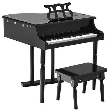 Goplus 30-Key Classical Kids Piano, Mini Grand Piano Wooden Learn-To-Play Musical Instrument Toy With Bench, Piano Lid, Music Rack, Gift For Boys Girls Aged 2+ Baby Tollder(3 Straight Leg-Black)
