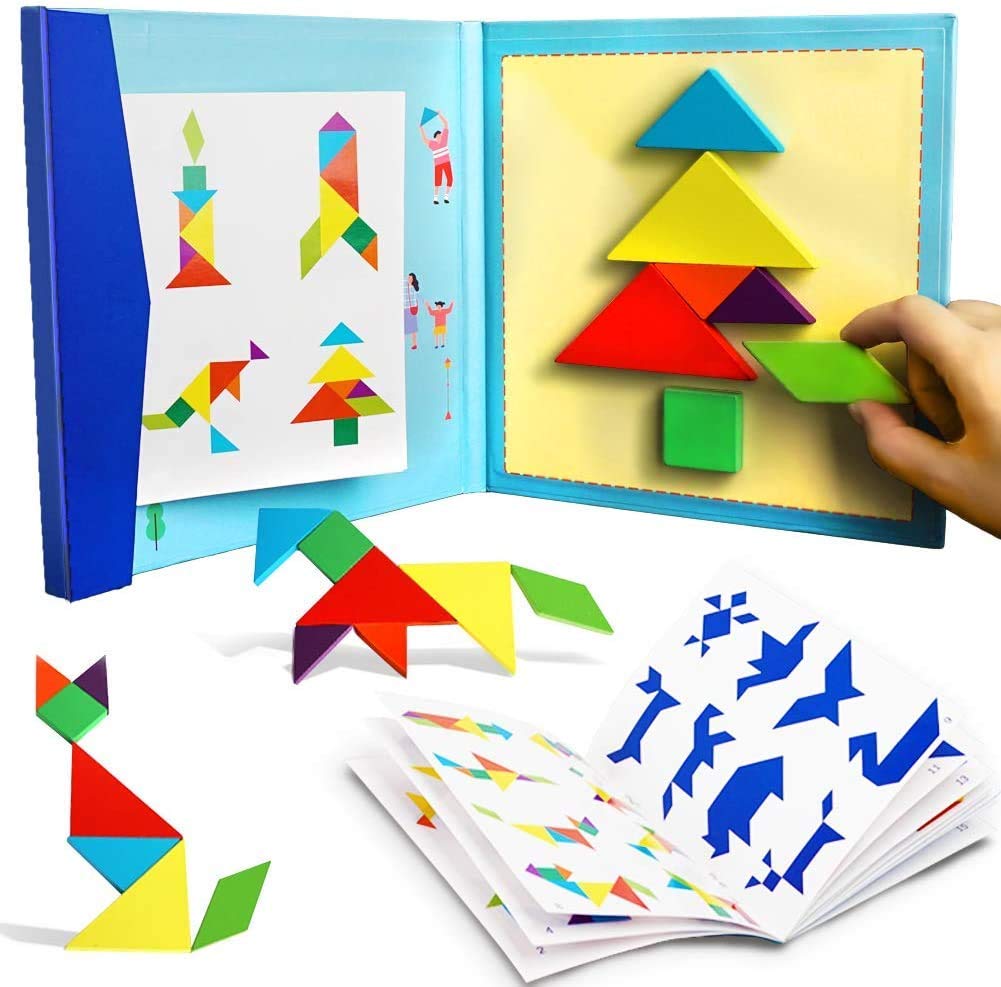 Avarin Wooden Tangram Travel Game Magnetic Puzzle Book Game Tangrams Jigsaw Shapes With Solution Traveler Challenge Iq Education