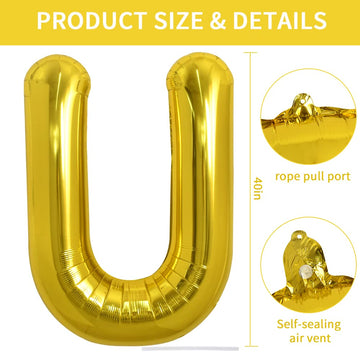 Toniful 40 Inch Large Gold Letter U Balloons Helium Balloons,Foil Mylar Big Balloons For Birthday Party Anniversary Supplies Dec