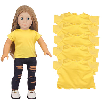 Augfrog 5 Pcs T-Shirts For 18 Inch Dolls, Summer Outfit Doll Clothes, Short Sleeved Classical Tee (Yellow)