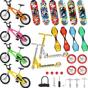Skylety 31 Pieces Mini Finger Toys Set For Boy Girl Includes 6 Finger Skateboards, 4 Bikes, 2 Mini Scooters 4 Swing Board 8 Matched Wheels 7 Tool Accessories Educational Toy Party Favor(Cool)