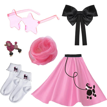 1950S Girls Poodle Skirt Dress Up Kit, Bobby Sock,Chiffon Scarf, 50S Costume Outfit For Kids Toddler (Pink, 7-10 Yrs)