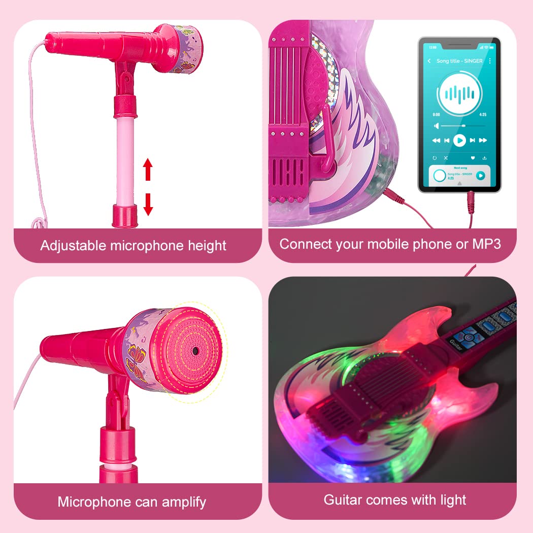 Takihon Guitar And Microphone Set For Kids,Guitar Toys With Music&Colorful Light,Adjustable Height Microphone With Stand,Karaoke