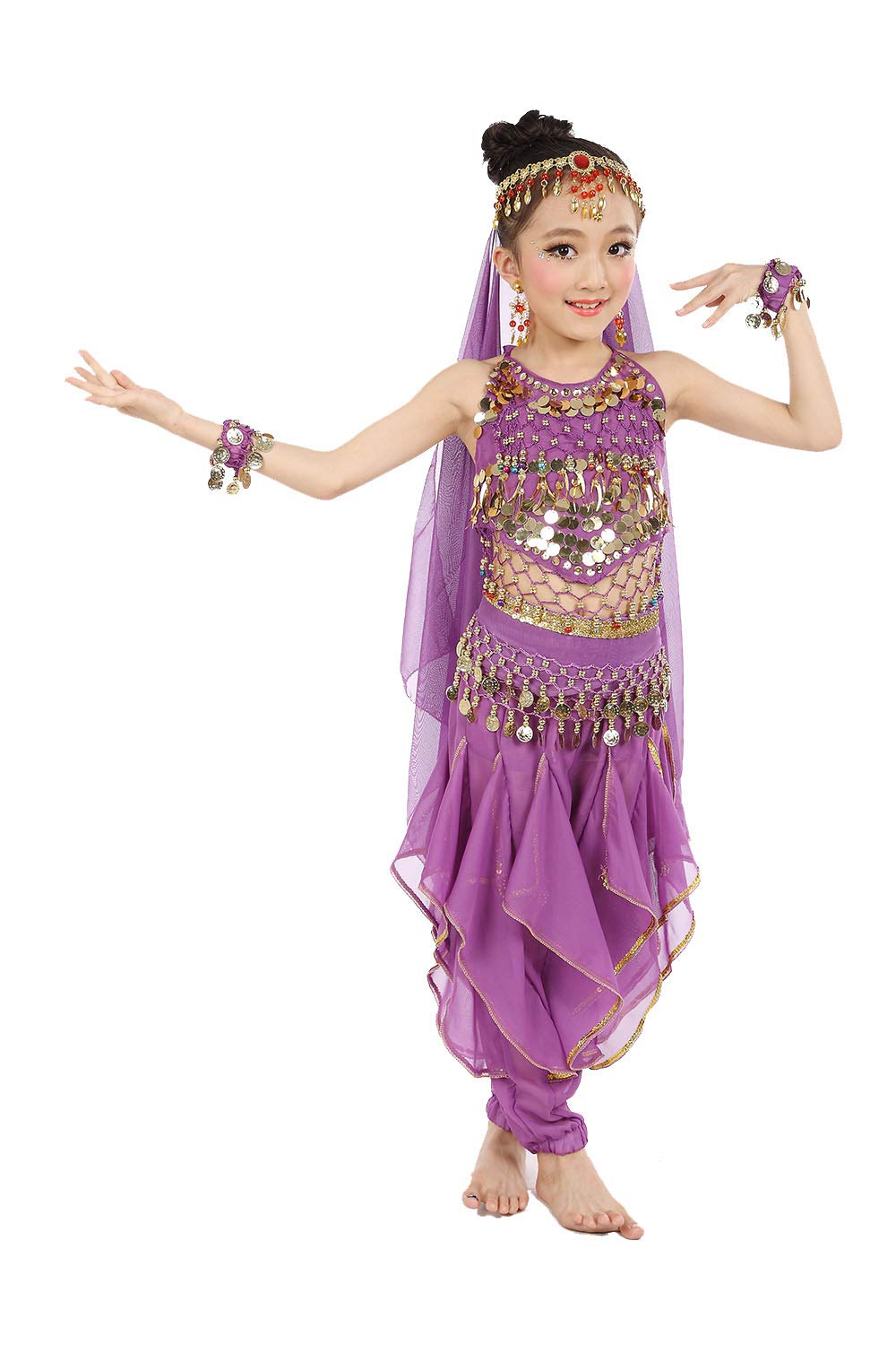 Cielary Kids Girls Belly Dance Halter Top Harem Pants Costume Set Halloween Outfit With Head Veil Waist Chain And Bracelets(Viol
