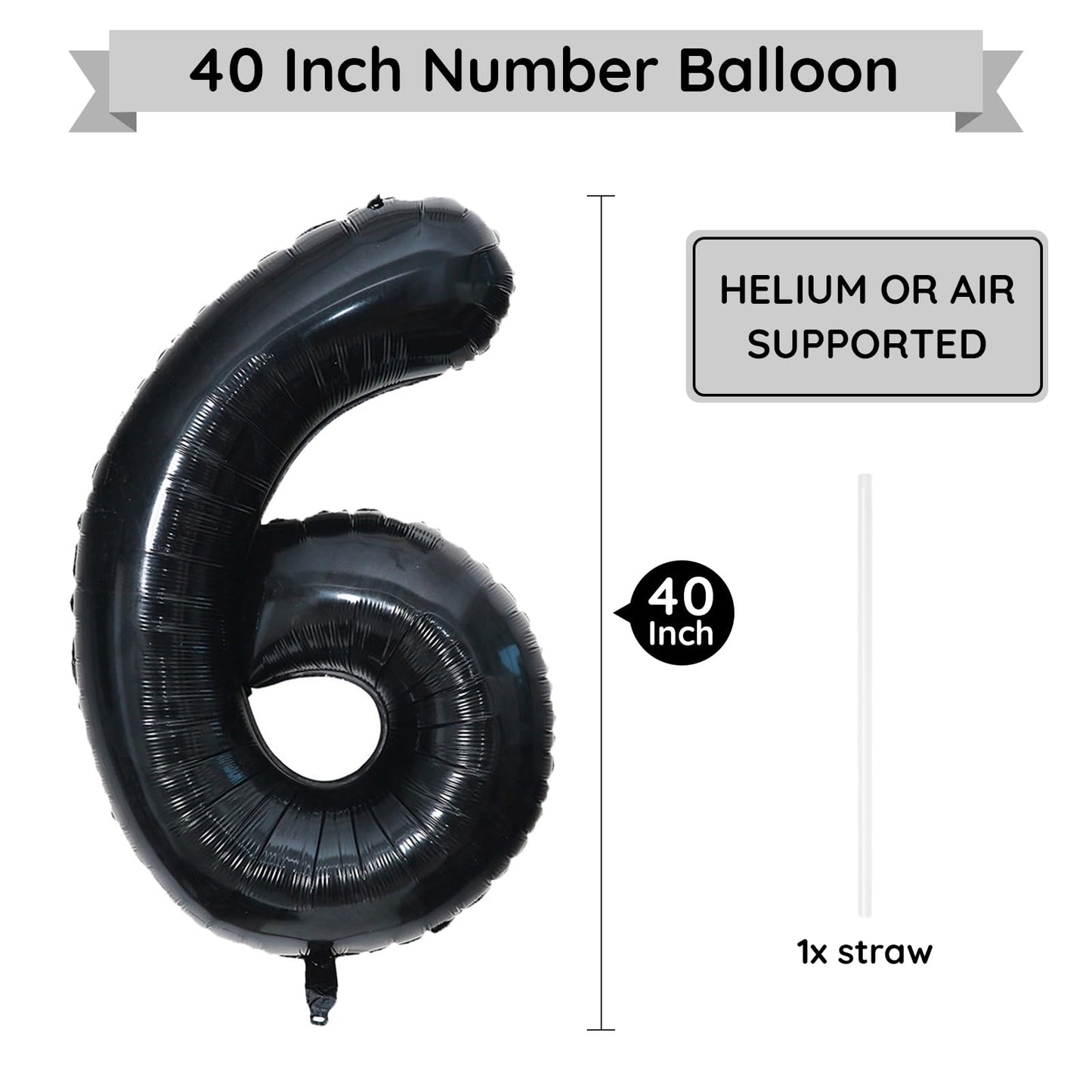 Paticool 40 Inch Black Number Balloon 6, Large Number Foil Balloons Mylar For Girl Boy Birthday Party Celebration Decorations Su