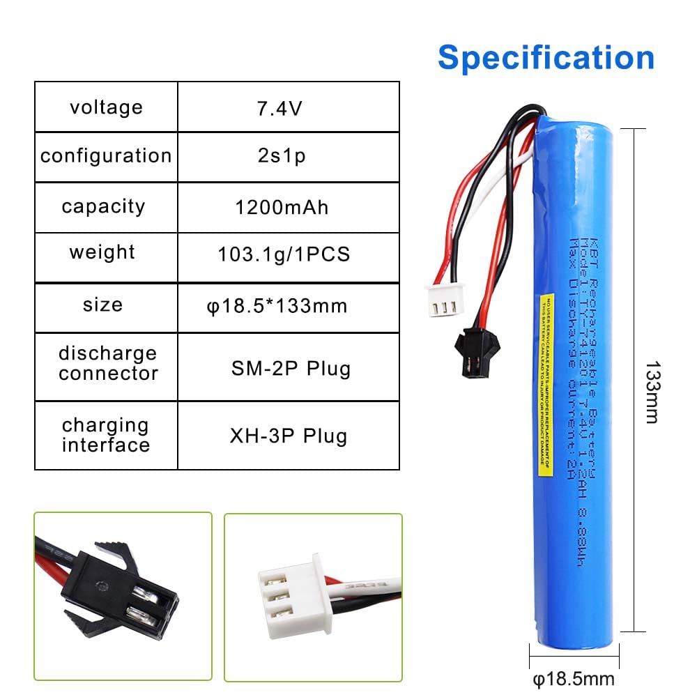Kbt 7.4V 1200Mah Li-Ion Rechargeable Battery Pack With Sm-2P Plug & Xh-3P Charging Plug, Lithium-Ion Battery With Usb Cable For