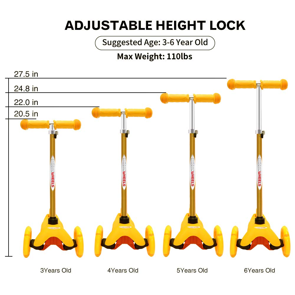 Chromewheels Scooter For Kids, Deluxe 3 Wheel Scooter For Toddlers 4 Adjustable Height Glider With Kick Scooters, Lean To Steer With Led Flashing Light For Ages 3-6 Girls Boys, Yellow