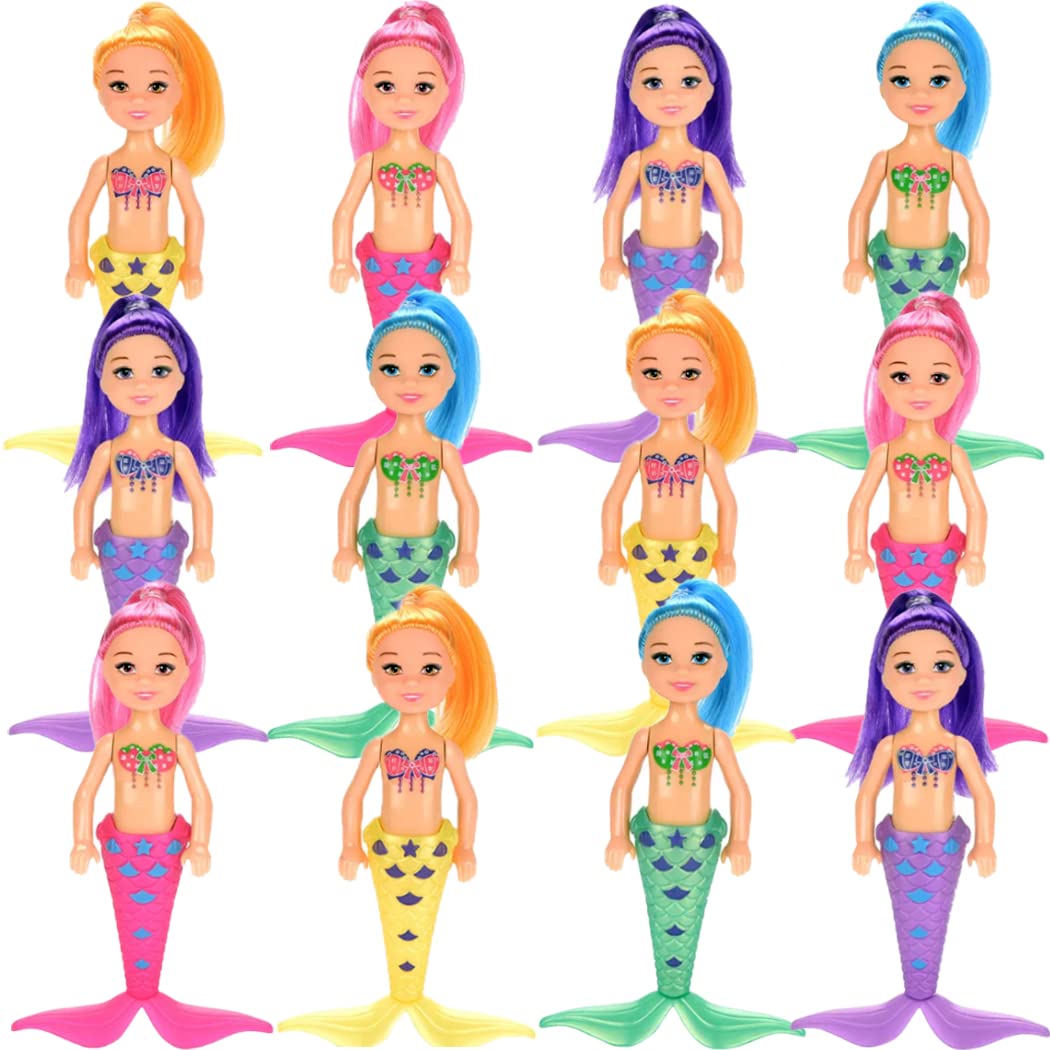 Liberty Imports 12 Pack Mermaid Dolls Pretend Playset - 6 Mini Figures Toy Bundle Set with Removable Accessories - Ideal for Kid