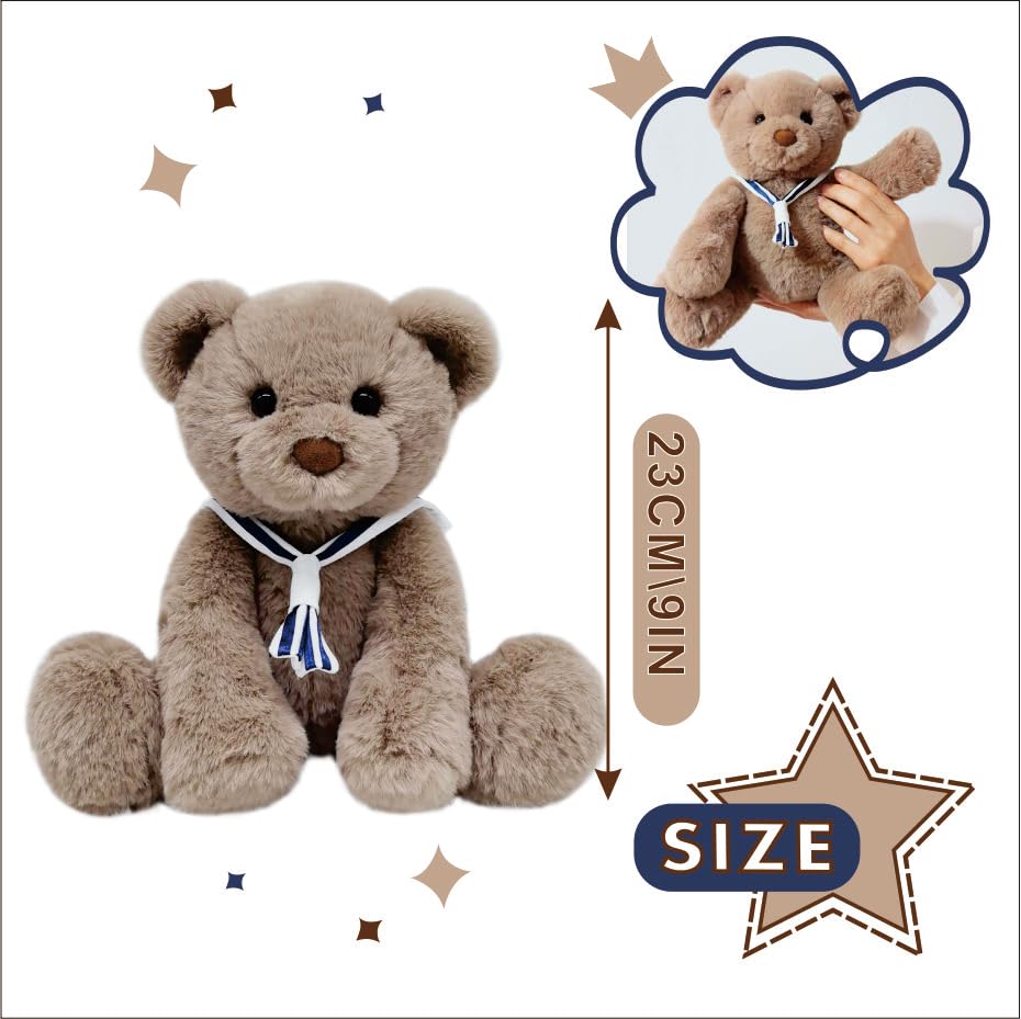 Mikee Fluffie Teddy Bear Stuffed Animal With Navy Collar, 9'' Small Teddy Bear, Cute Soft Stuffed Animals For Girls Kids, Valent