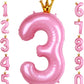 40 Inch Crown Pink Number 3 Balloon, Big Conjoined Baby Pink Foil Mylar Helium 3 Balloon For Girls 3Rd Birthday Party Decoration