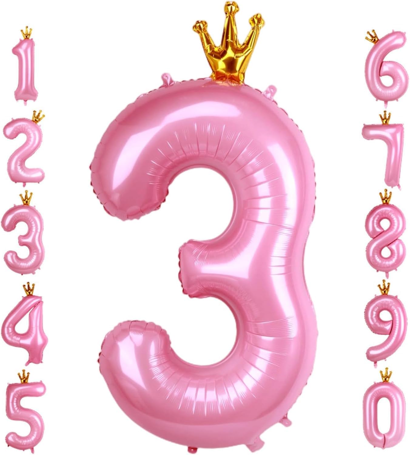 40 Inch Crown Pink Number 3 Balloon, Big Conjoined Baby Pink Foil Mylar Helium 3 Balloon For Girls 3Rd Birthday Party Decoration