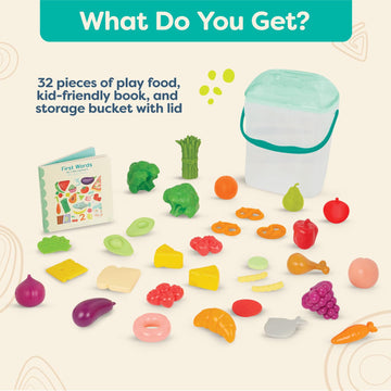 B. toys- Foodie Fun- Pretend Play Food & Board Book Set - 32 Pieces of Play Food - Educational Book for Toddlers - Storage Bucke