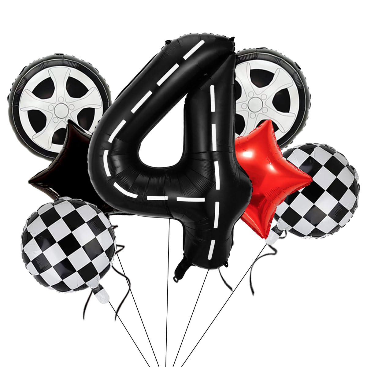 Race Car Birthday Balloons Decorations, 40 Inch Racetrack Black Number 4 Balloons, Large Mylar Black 4 Balloon For 4St Birthday