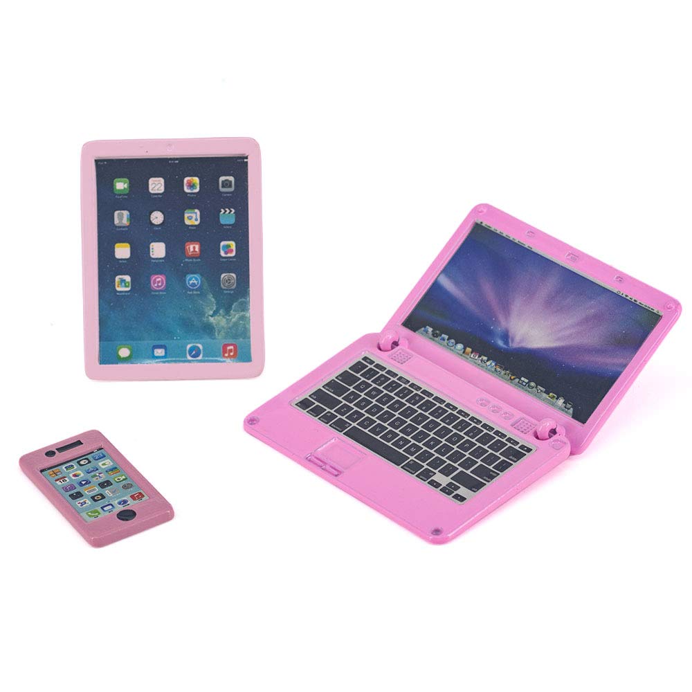Dollhouse Decoration Miniature Accessories Dollhouse Computer Laptop Tablet Phone Simulation Accessories For Doll 1/6 1/12 Miniatures Play Set - 3 Pcs (3 Laptop-Pink)