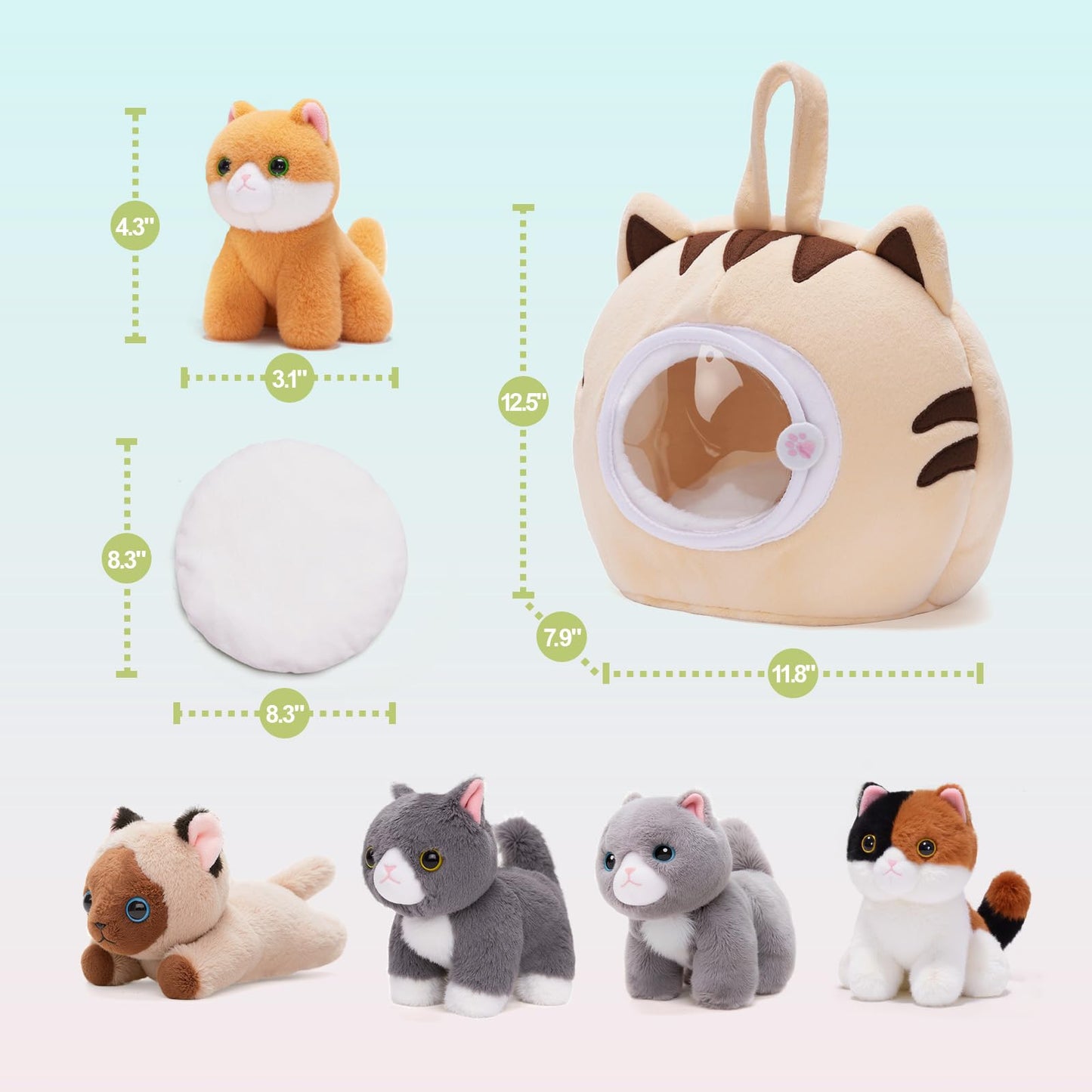 OUOZZZ Cat Stuffed Animal House – Plush Kitten Toy Set with 4 Soft Cats, Interactive, Portable Playset for Kids, Made of Polyester