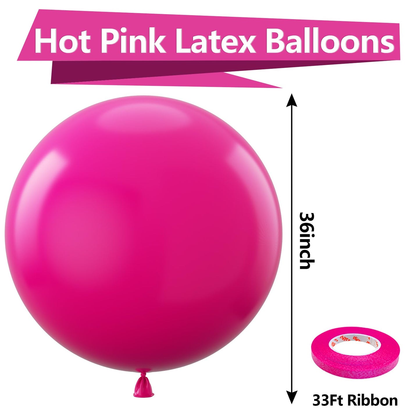 Bezente Hot Pink Giant Balloons 36 Inch - 8 Pack Jumbo Pink Balloons Large Round Hot Pink Latex Balloons For Wedding Baby Shower