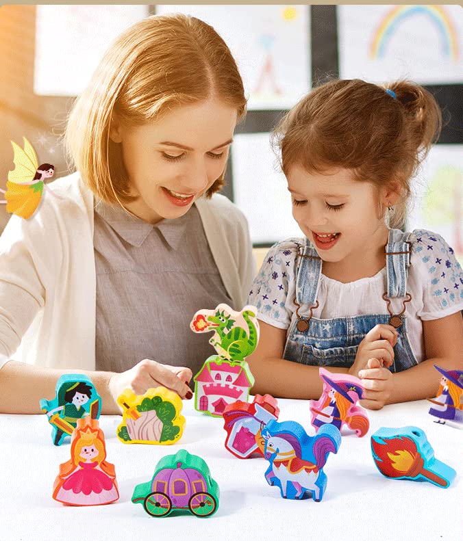 Jaqi Montessori Educational Wooden Threading Stringing Toys Dinosaurs Traffic Space Insects Animals Fruits Lacing Beads Preschool Learning Toys For Toddler For Boys Girls (Castle)