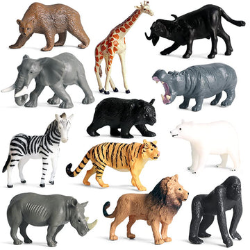 12 Pcs Realistic Small Wild Animal Figures, Plastic Safari Animal Figurines Educational Science Project Model Playset With Tiger Lion Giraffe Orangutan Zebra Bear Buffalo Elephant Rhinoceros Hippo