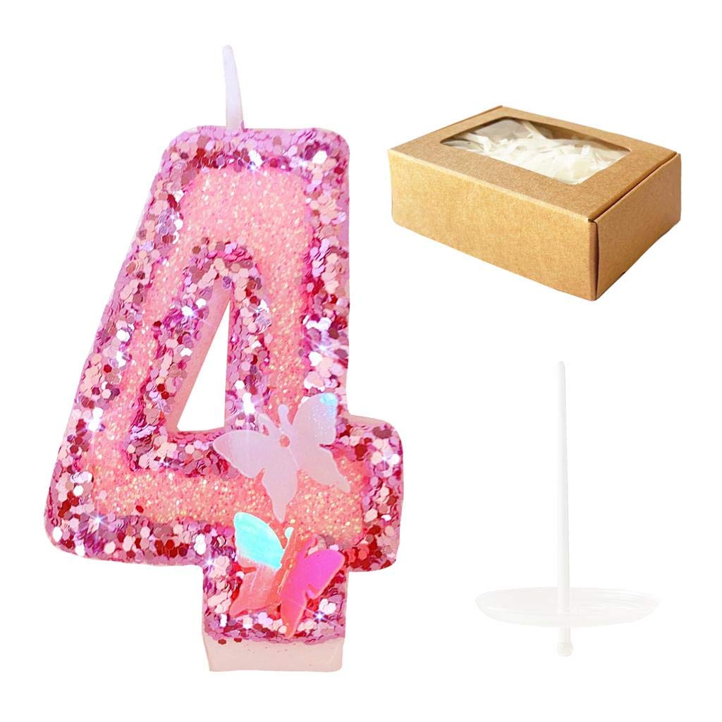Birthday Candles Number 4,Pink Glitter Happy Birthday Cake Candles Handmade Sequin Numeral Candle