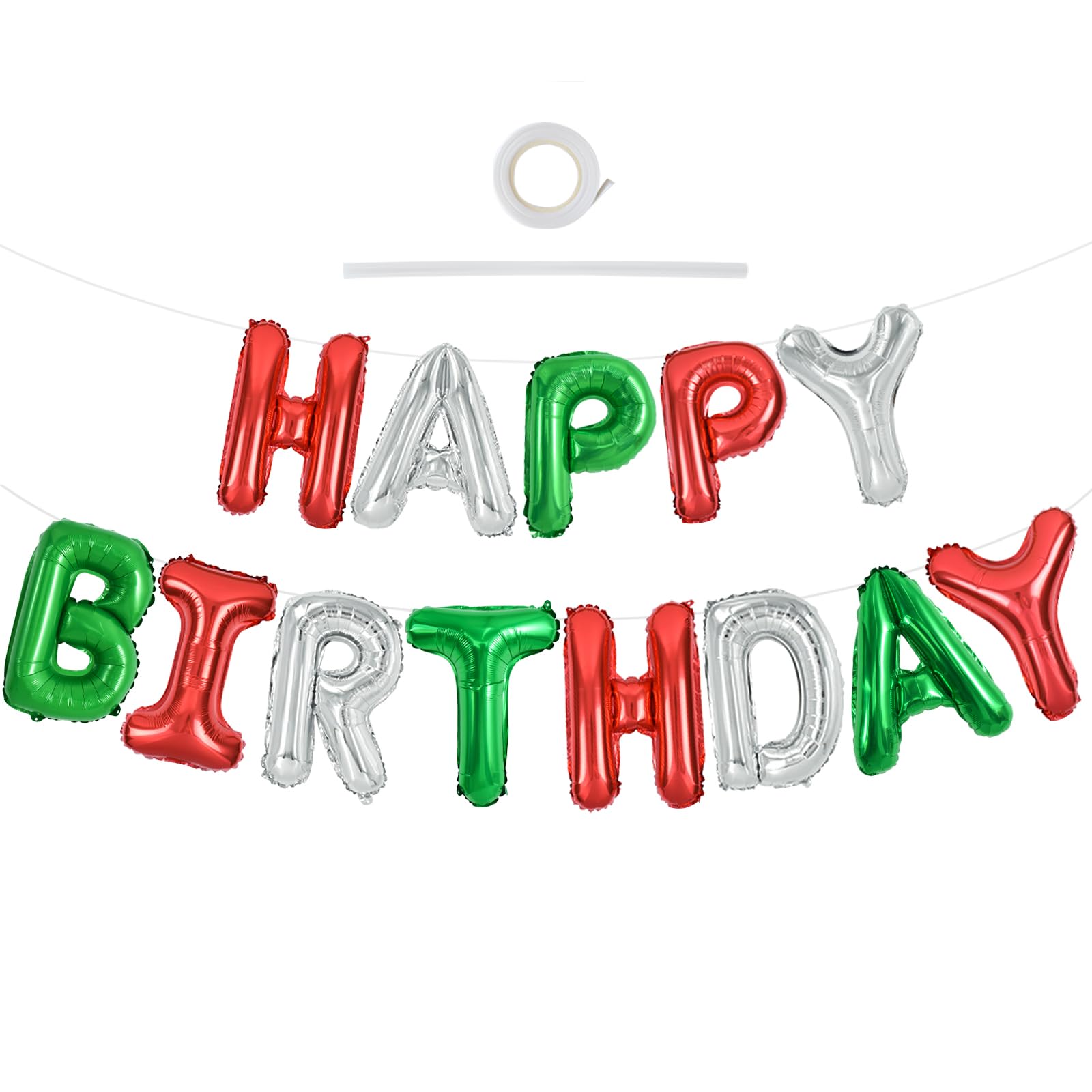 TONIFUL Red Green Silver Happy Birthday Balloons Banner,16 Inch Mylar Foil Birthday Sign Banner for Girls Boys Kids & Adults Bir