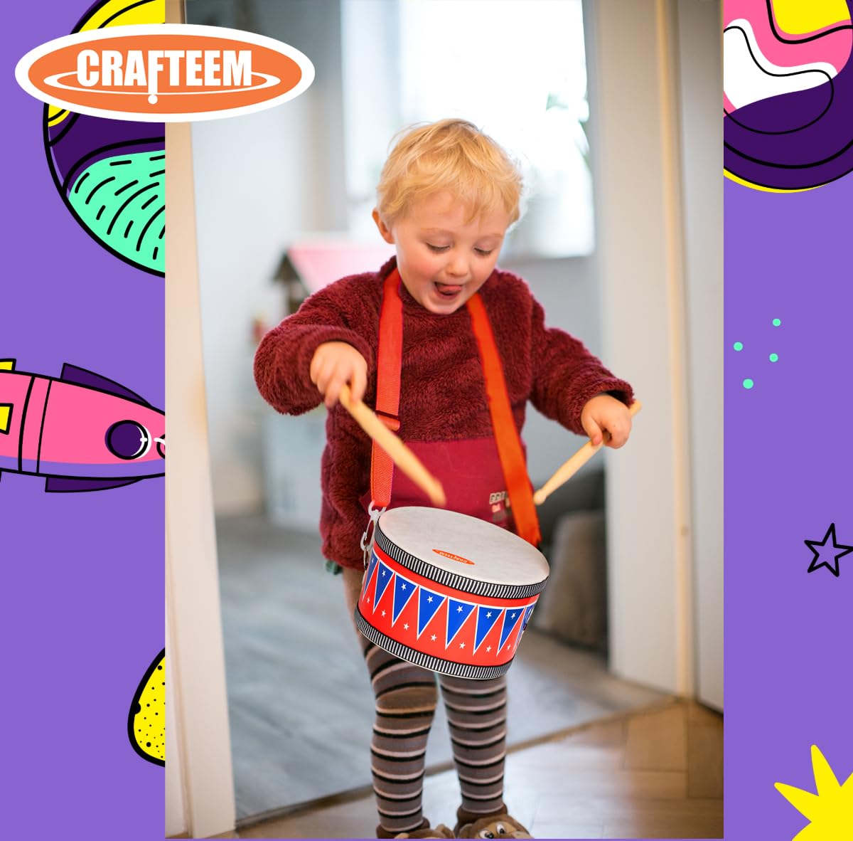Crafteem Wooden Kids Drum Set For Toddlers - Baby Musical Toy W/Wrist Bells, Drum Sticks & Fun Drum Instrument For Boys & Girls