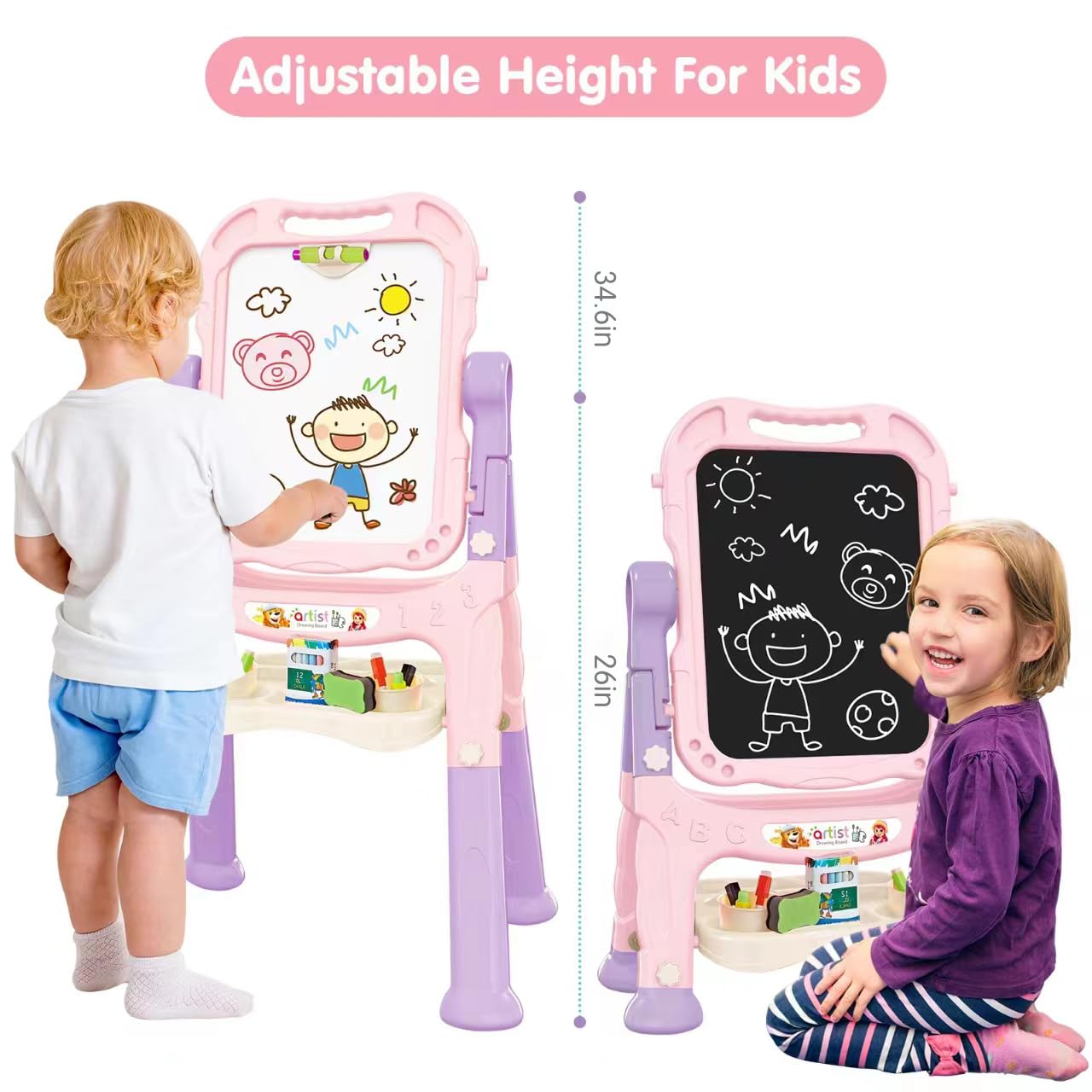 Amagoing Easel For Kids, Adjustable Standing Art Easel For Toddler, Double Magnetic Drawing Board With Painting Supplies For Lit