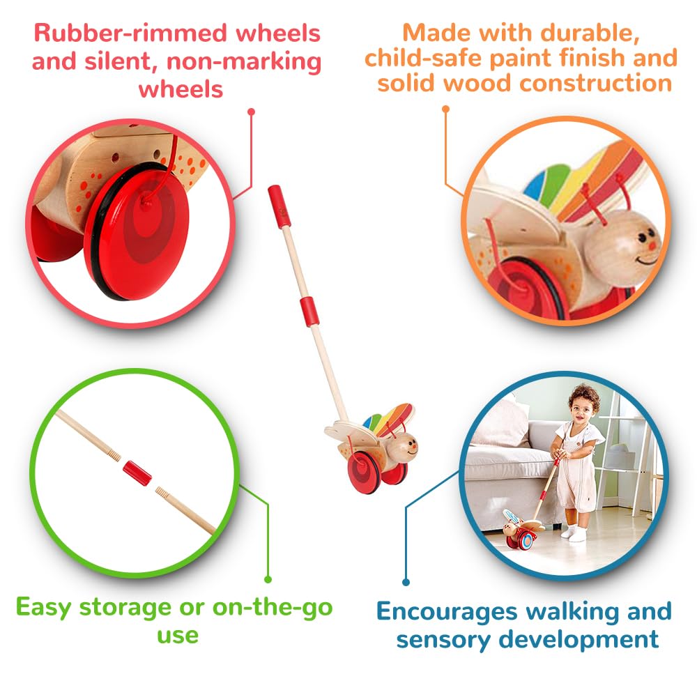 Award Winning Hape Butterfly Wooden Push And Pull Walking Toy, L: 6.3, W: 5.8, H: 22.2 Inch, Red