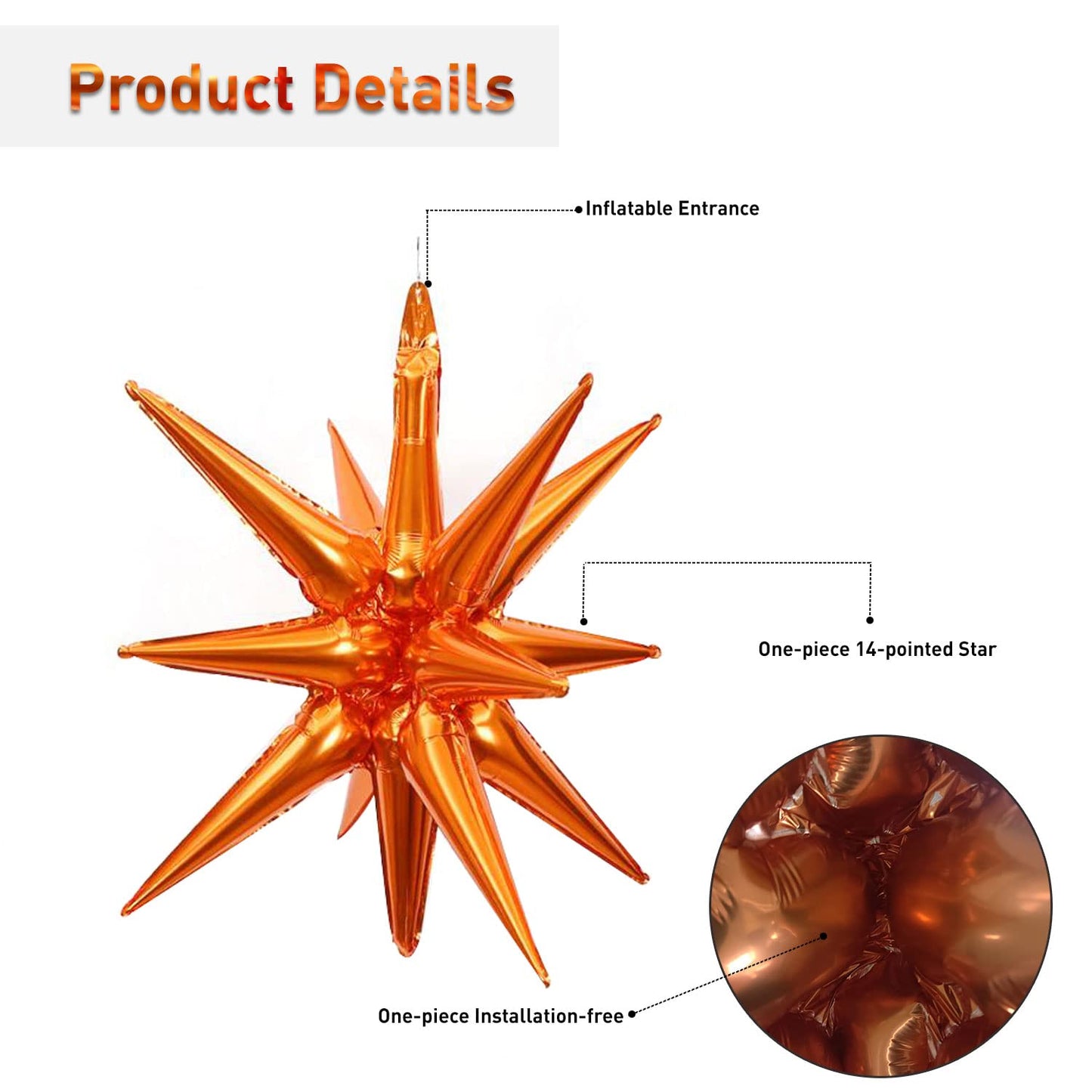 6 Pcs Orange Star Foil Balloons One-Piece 14-Pointed Star Balloons 4D Starburst Cone Mylar Balloons 22Inch Christmas Birthday We