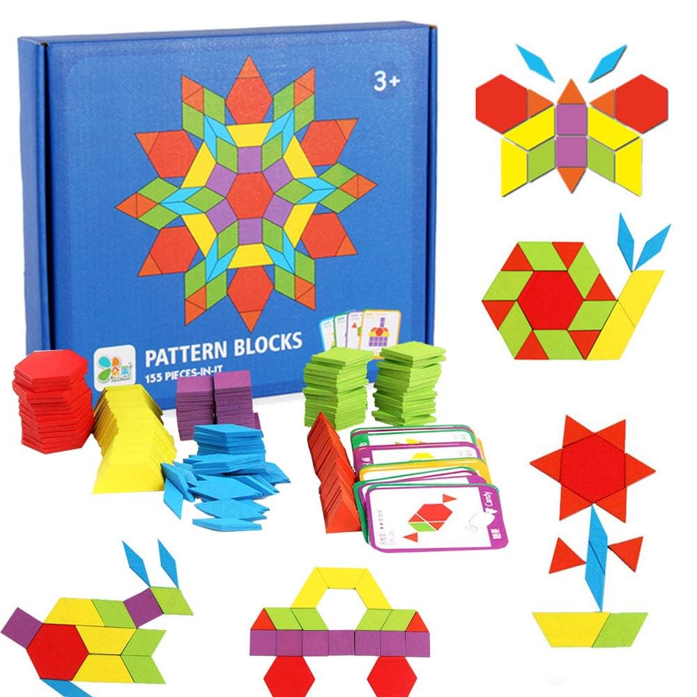 BLiSS HUES 155 Pcs Wooden Pattern Blocks Set  Geometric Shape Puzzle with 24 Design Cards Educational Tangram Toys for Kids Ag
