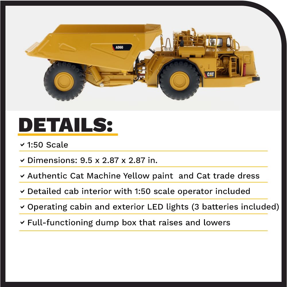 Diecast Masters 1:50 Caterpillar AD60 Articulated Underground Truck, with Working LED Lights and Removable Rock Load Included -