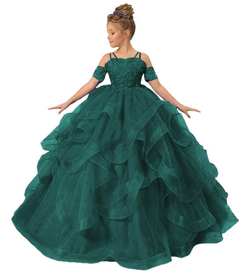 Long Princess Girls Pageant Dress Tulle Ruffles Flower Girl Dress Beaded Appliques Wedding Party Costumes Teal Us6