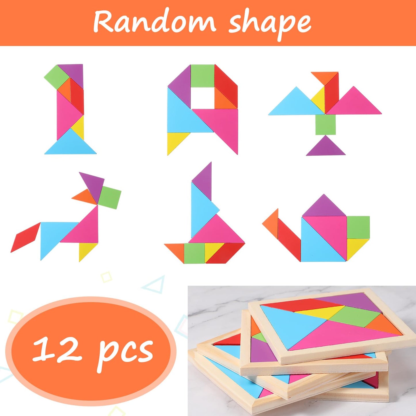 Meooeck 12 Pack Tangrams Wooden Puzzles Tangrams Classroom Set For Kids Shape Puzzles Brain Logic Blocks For Games Educational G
