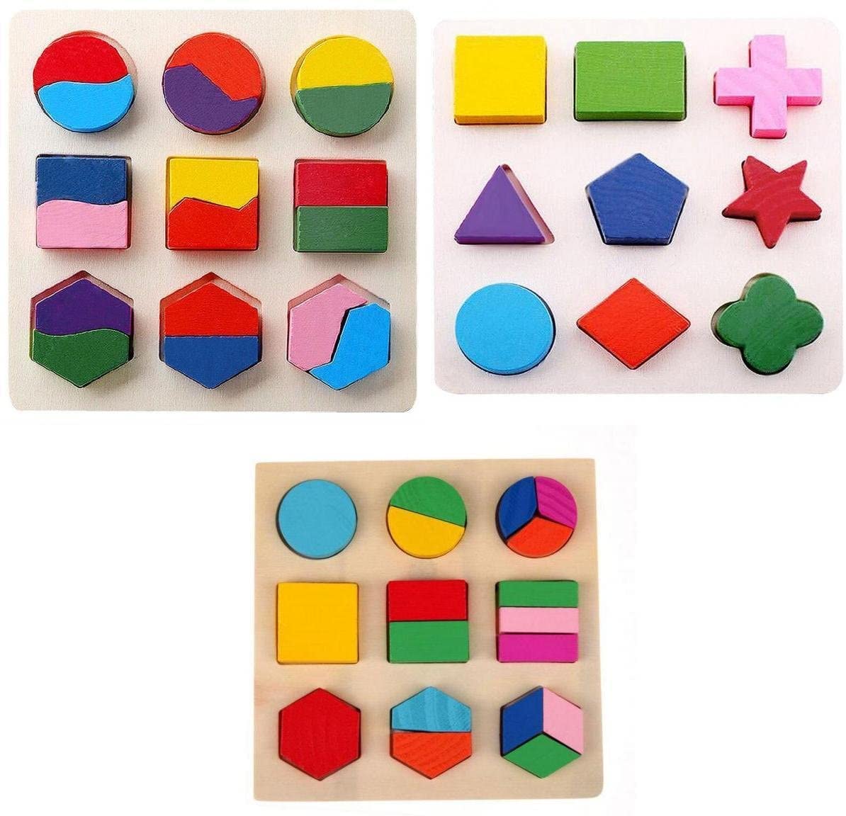 Authfort Wooden Geometry Matching Puzzles Stacking Building Blocks Early Educational Toys (Set of 3 Boards) (Multicolor)