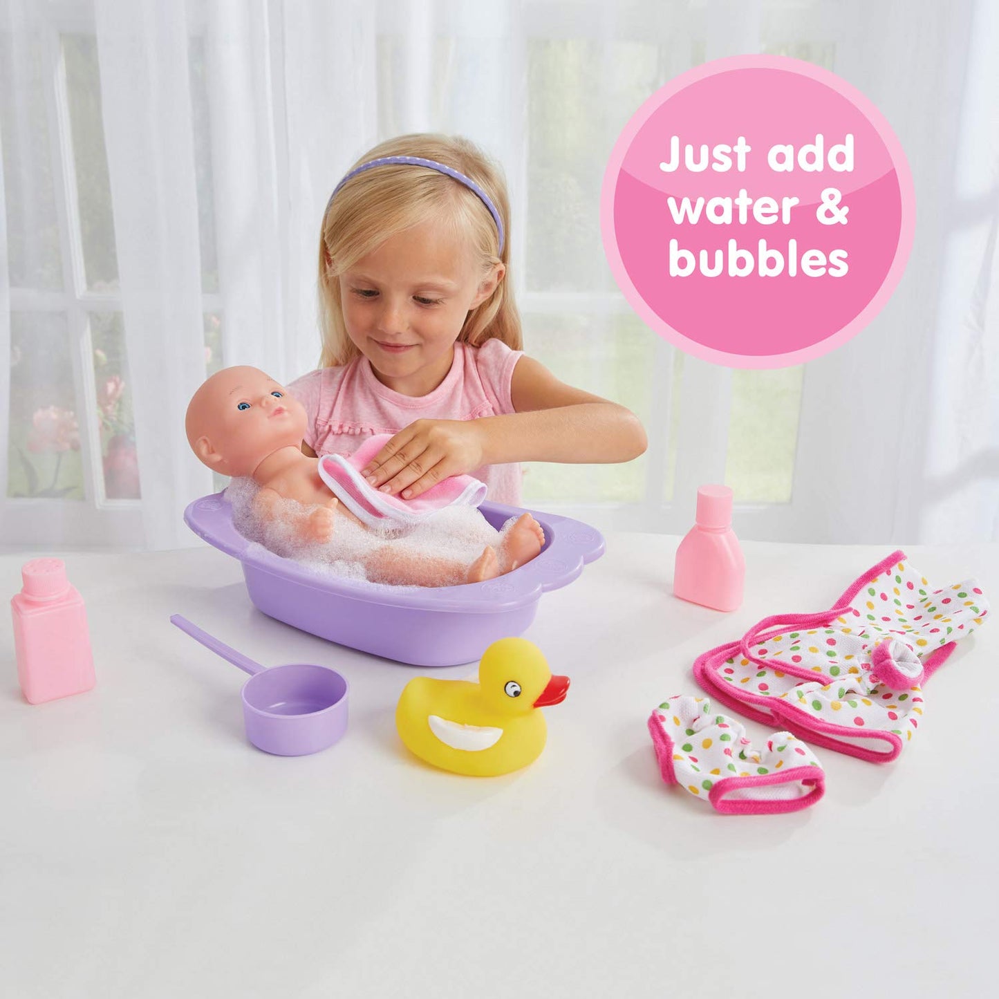 Kidoozie Bathtime Baby Doll Set, 12-Inch Rubber Doll with Bath Tub & Accessories, Pretend Play for Kids Ages 3+ (Model G02566)