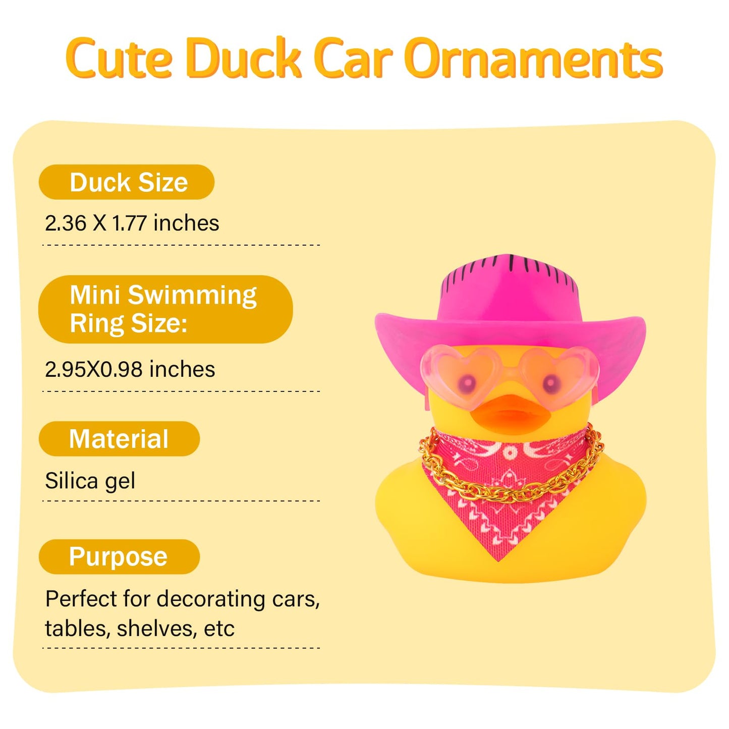 Wonuu Car Rubber Cowboy Duck, Yellow Ducks Decoration Dashboard With Cowboy Hat Necklace Sunglasses, Pink Black Line