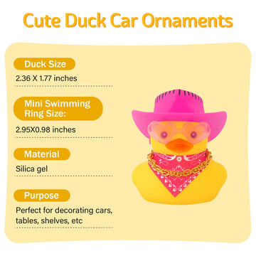 Wonuu Car Rubber Cowboy Duck, Yellow Ducks Decoration Dashboard With Cowboy Hat Necklace Sunglasses, Pink Black Line