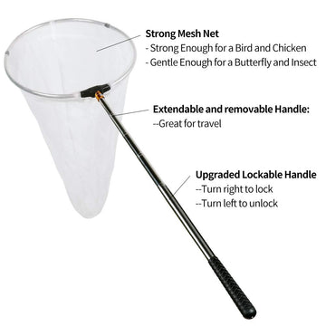 Restcloud Insect And Butterfly Net With 12' Ring, 24' Net Depth, Handle Extends To 59 Inches For Adults And Kids (12' Ring, 59' Handle)