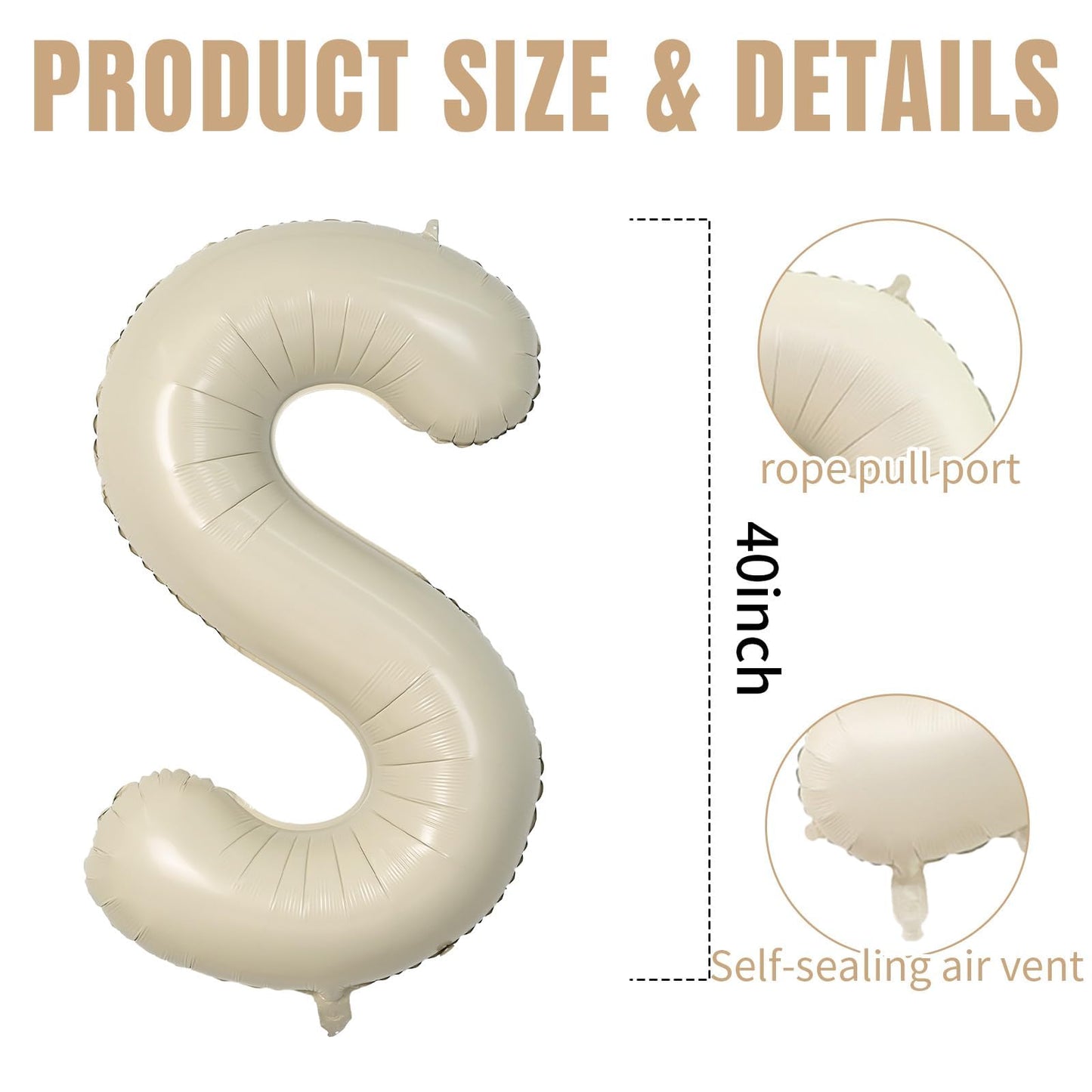 40 Inch Cream Letter Balloons, Large S Letter Balloons Foil Helium Balloons, Mylar Big Single Alphabet S Balloons, Cream Balloon
