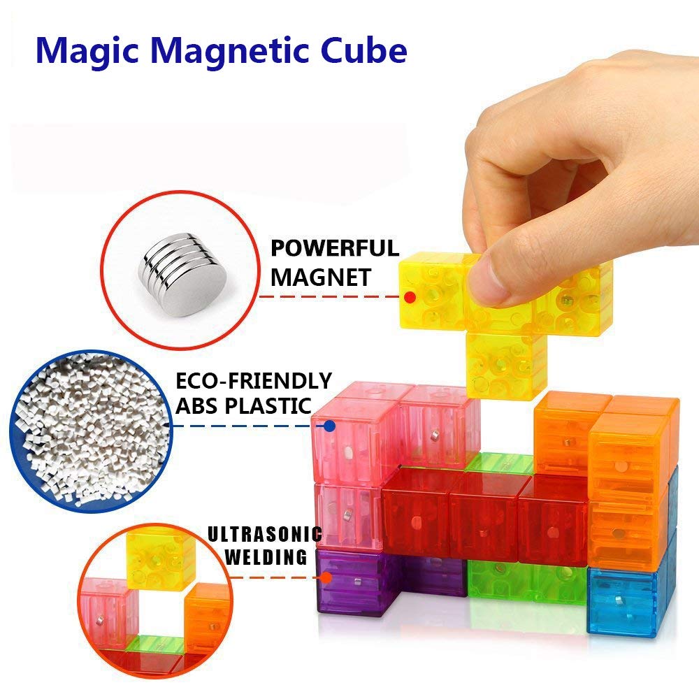 Wtohobby Magnetic Soma Cube Block- Children's Educational Toys Magnetic Tiles for Kids Stress Relief Toy Puzzle Cubes to Develops Intelligence  Ideal for Birthday Gifts (Crystal)