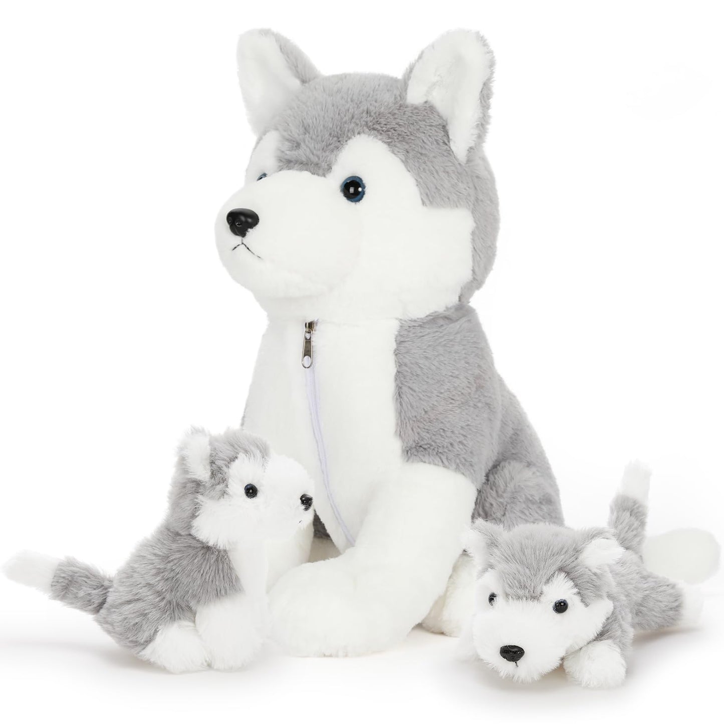 Muiteiur Plush Husky Dog Stuffed Animal, Soft Cotton, Gray, 16-inch, Zippered Belly with 2 Cute Baby Puppies, Great Gift for Kids