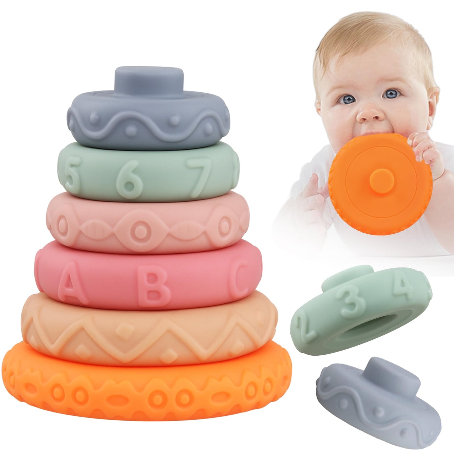 Miawow 8 Pcs Stacking Rings Soft Toys For Babies Newborn 0 3 4 5 6 12 18 Months 1 Year Old Girls Boys - Toddler Sensory Educational Montessori Baby Blocks - Infant Development Teething Learning Tower