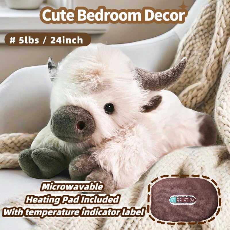 uoozii 24" Highland Cow Weighted Plush Toy - 5 lbs, Removable Microwavable Pouch, White & Brown, Cute Gift for Kids & Adults