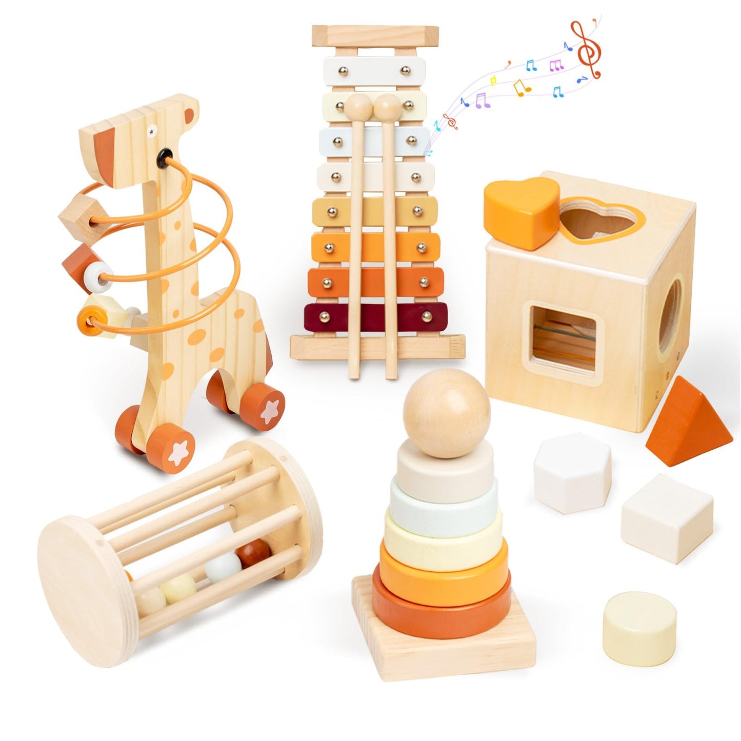 Smartwo Wooden Montessori Toys Set for Toddlers Wooden Toy Set for Babies Educational Object Permanence Box Xylophone(Glockenspiel) Stacking Rattle Birthday Gift for Boys Girls Ages 1 2 3 4 5