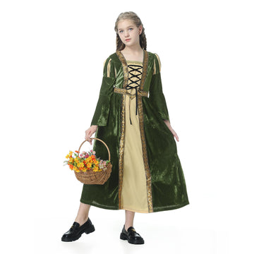 Colorful House Girls Renaissance Dress Medieval Dress Royalty Princess Child Dress Up Fancy Costume For Halloween(10-12Y,Green)