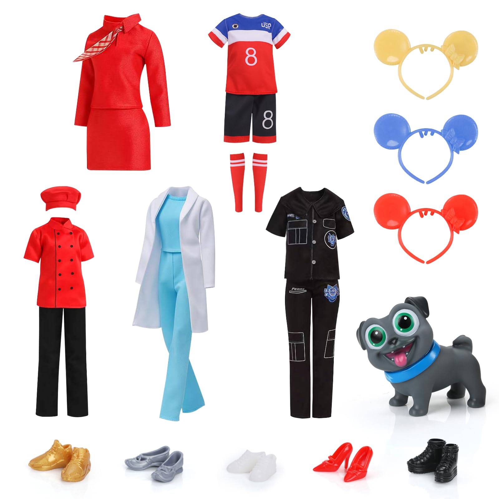 11.5-Inch Themed Doll Clothes & Accessories - Educational Role Play Gift Set for Girls with 5 Outfits(Doctor, Flight Attendant, 