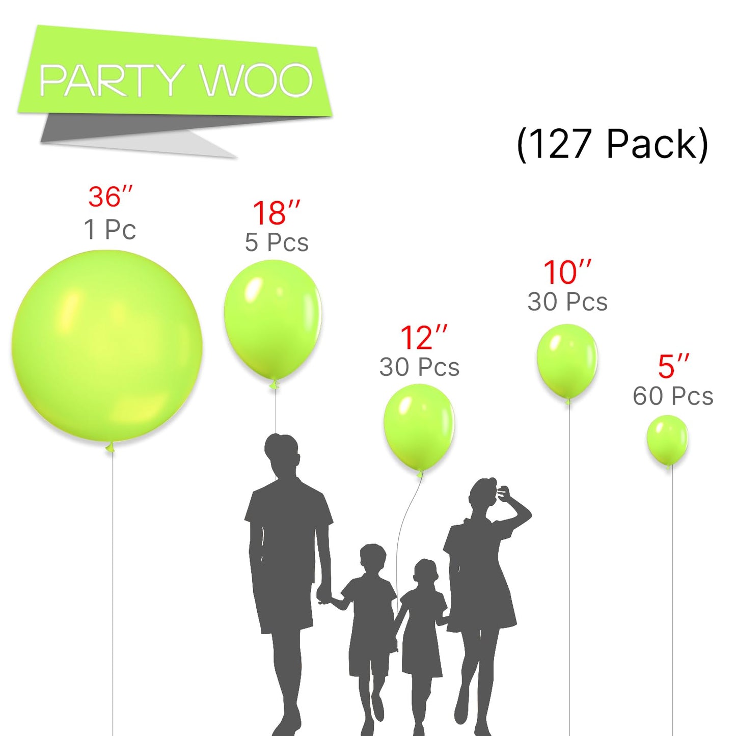 Partywoo Lime Green Balloons, 127 Pcs Lime Balloons Different Sizes Pack Of 36 Inch 18 Inch 12 Inch 10 Inch 5 Inch Yellowish Green Balloons For Balloon Garland Or Arch As Party Decorations, Green-Y6