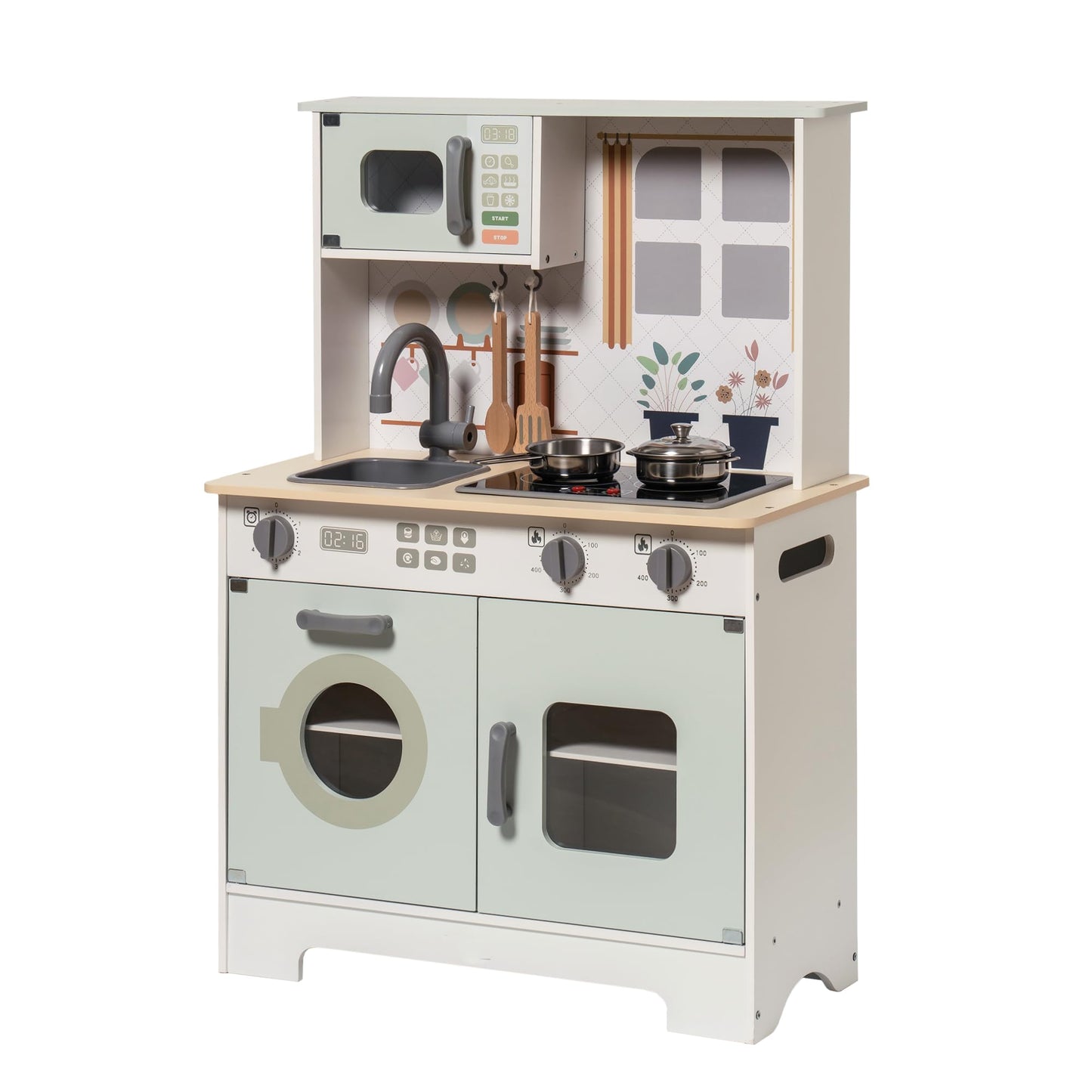 Robotime Play Kitchen Set For Kids Toddlers, Wooden Kids Play Kitchen Playset With Real Lights & Sounds, Pretend Toddler Kitchen