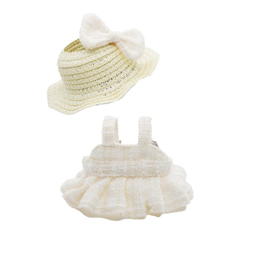 Doll Clothes for 17cm Dolls  enhanced Handmade Fashion Clothes 3 Piece Set Including a Weaving Hat  Clothes and Bow with High-End Dolls Accessories for Play & Display - Pure White (No Doll No Logo)