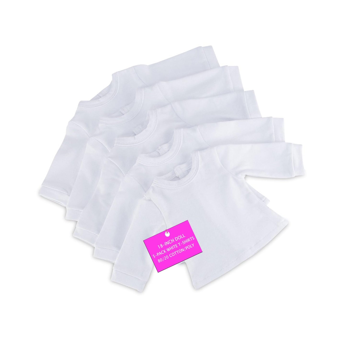 Emily Rose 18 Inch Doll Clothes Value Basics Bright White 5-Pack Long Sleeved T-Shirts Tee For Crafting Activity | Compatible Wi