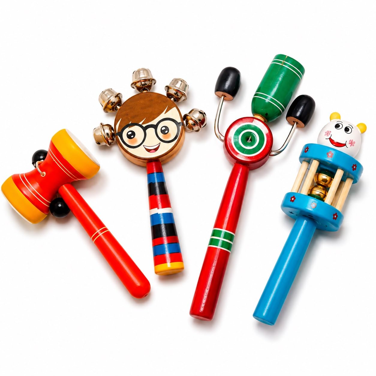 Little Mind KNK Wooden Musical Rattle Toy Combo Set for Babies 3 Months+ | Cage Rattle, Tik Tik Clapper, Face Bell Jingle, Color